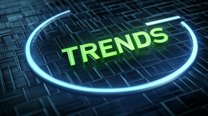 Poster - neon green trends word in a glowing blue circle on a dark textured background, showcasing current tr