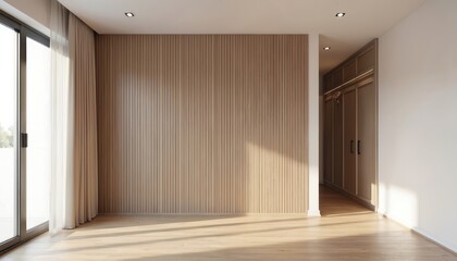 Poster - Modern interior design of elegant living room. Empty room with wood panel wall, open door, wooden floor. Sunlight, white wall, minimal, modern architecture, open space, luxury apartment. Mock up