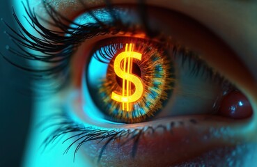 Aufkleber - Close-up human eye with glowing dollar symbol inside. Futuristic financial concept, representing wealth and investment. Digitally generated image about business, modern technologies and finance.