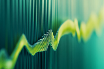 Poster - Abstract image of a wave-like form in lime green, set against a teal background of vertical lines.  Suggests growth, progress, or data visualization.  Suitable for tech or finance themes