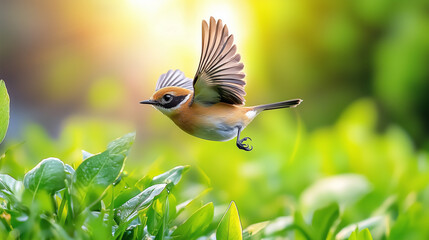 Wall Mural - close-up of a bird flying against a green natural forest background