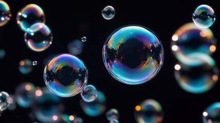 Poster - Colorful soap bubbles floating on a black background.