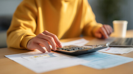 Poster - Person using calculator on desk with financial documents and coffee cup in the background indoors