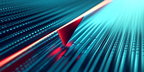 Poster - Abstract image of a red triangular prism on a teal textured surface, illuminated by red and teal light beams, creating a dynamic, technological feel, showcasing a modern, innovative design
