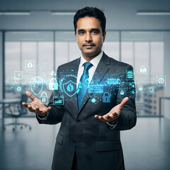 Poster - Cybersecurity Specialist Showcasing a Digital Shield: A professional in a formal attire, projects a digital shield of data encryption and security elements.
