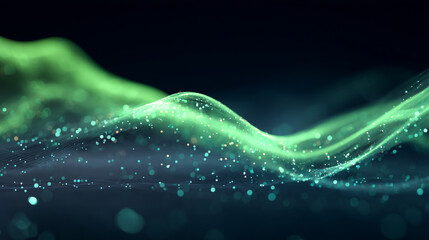 Poster - Abstract green wave with glowing particles floating against a dark blue and black background