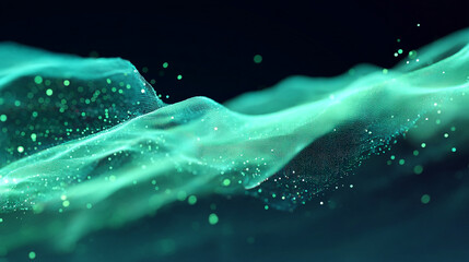 Fototapete - Abstract teal wave pattern with floating particles on a dark background creating a dynamic effect