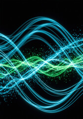 Fototapete - Background with glowing light blue and green lines, particles of data flowing in the air. vertical