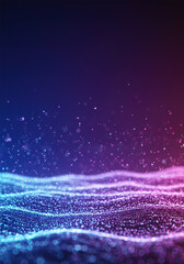 Fototapete - Background with glowing light blue and purple lines, particles of data flowing in the air. vertical