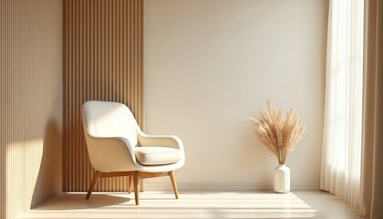 Poster - Cozy modern interior design with seating area bathed in natural light. Stylish chair with wooden legs near beige wall with vertical wood panels. Peaceful, relaxing atmosphere, warm tones for home