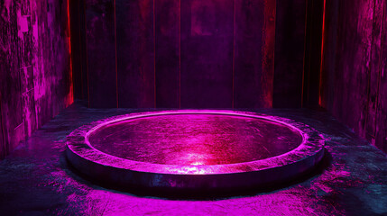 Poster - Circular platform in a dark room, illuminated by vibrant purple and red lighting, creating a dramatic and mysterious showcase ideal for product displays or presentations