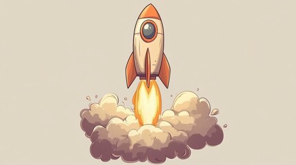 Poster - Cartoon rocket launching, taking off, with fire and smoke.