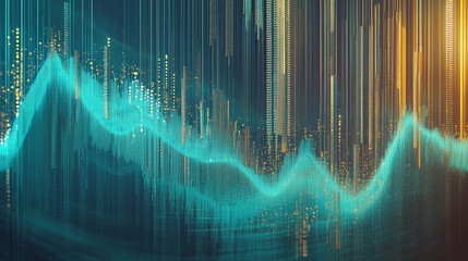 Poster - Abstract teal and gold digital cityscape, lines and data points forming wave patterns, showcasing technological advancement, innovation, and futuristic design, ideal for tech or finance visuals