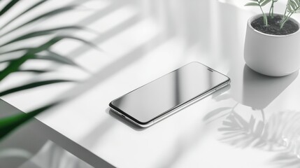 Leinwandbilder - Sleek modern smartphone on a clean white surface surrounded by plants in softly diffused lighting creating a minimalist aesthetic