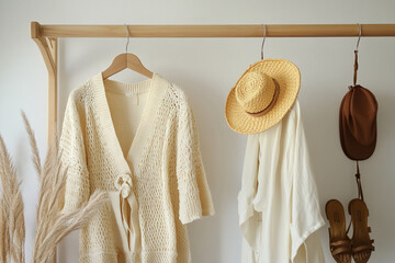 Poster - Cream-colored knitted cardigan, straw hat, linen shirt, and brown hat hang on a wooden rack, complemented by pampas grass. Showcase of summer apparel, ideal for fashion blog or online store
