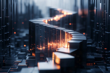 Poster - Abstract image of dark metallic blocks forming a curving path, illuminated by warm orange light, suggesting progress, innovation, or a technological journey
