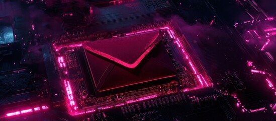 Poster - Futuristic e-mail concept with circuit board background in neon color style