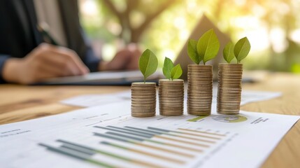 Aufkleber - Growing money stacks with leaves on financial charts, person working in background.
