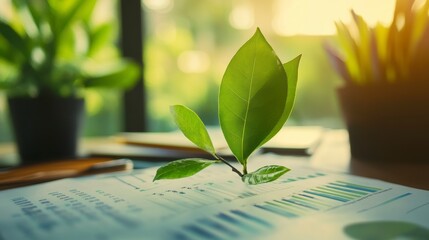 Aufkleber - Young plant sprout growing from financial documents on a desk, symbolizing growth and sustainability.