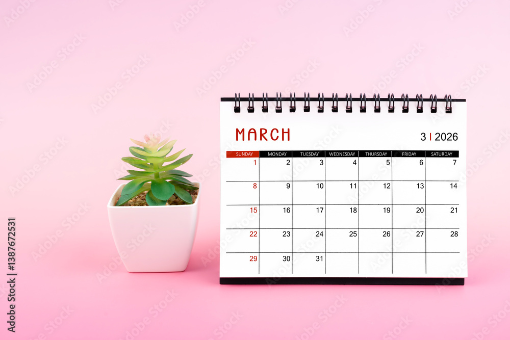March 2026, Monthly desk calendar for 2026 year on pink background ...