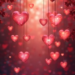 Leinwandbilder - Romantic visual of floating red hearts on blurred background. Holiday visual illustration features decorative design for Valentine Day celebrations, wedding cards, romantic events.