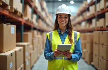 Poster - Happy female worker holding digital tablet in warehouse. Woman with safety helmet, vest smiling at camera. Inventory control, logistics, distribution, storage, shipment, business management, supply