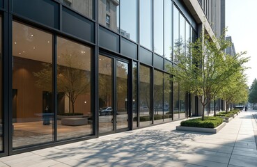 Poster - Modern office building exterior with glass walls, paved street. Urban architecture, business center, modern design. Empty exterior, sunlight reflections, no people. Trees near building. Paved