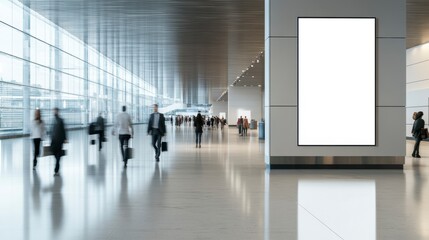 Poster - Blank billboard in modern building hallway with blurred business people walking.