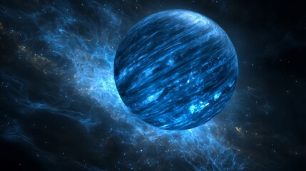 Glowing blue planet in space nebula.