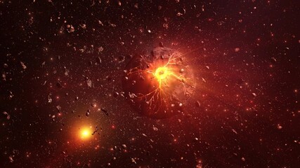 Wall Mural - dying alien planet glowing in deep space with asteroids, 3d rendering