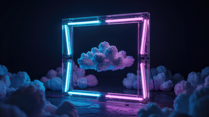 Poster - Neon Cloud Frame: A captivating scene of fluffy clouds is framed by a glowing neon square, rendered in a modern artistic style, against a dark, atmospheric background. 