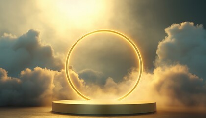 Poster - Realistic Luxury Product Show Podium Featuring Sparkling Golden Circle Ring And Cloud Elements For A Touch Of Elegance And Opulence.