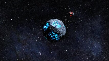 Wall Mural - dying blue alien planet glowing in deep space with asteroids, 3d rendering