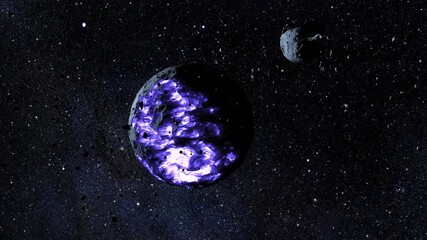 Wall Mural - dying alien planet glowing in deep space with asteroids, 3d rendering