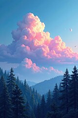 Wall Mural - Clouds in shades of blue and purple float above a peaceful forest, nature, clouds, peaceful