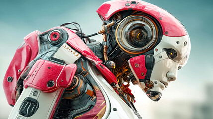 Poster - Futuristic robot woman in stunning red and white design gazes soulfully at the viewer