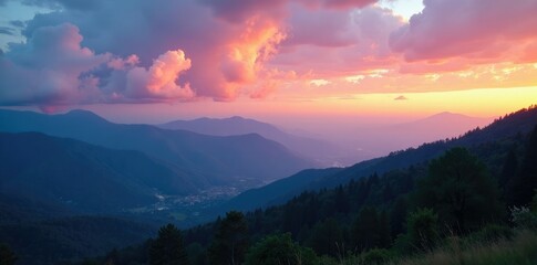 Wall Mural - Evening sky with clouds over mountains and valley, mountains, valley, sky