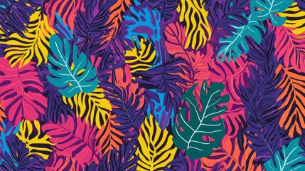 Poster - Vibrant tropical leaves pattern in various colors.