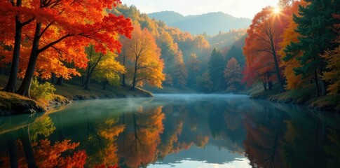 Wall Mural - Serene lake reflected in forest leaves changing colors, autumn, nature