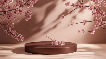 Poster - Round brown podium with pink cherry blossoms and shadows on a peach background.