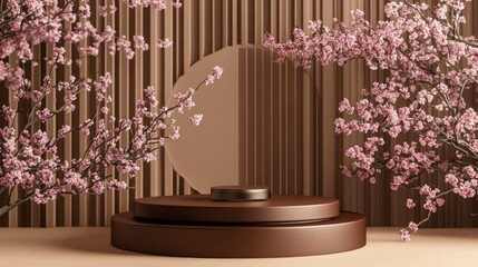Poster - Elegant brown podium with pink cherry blossoms and striped backdrop.