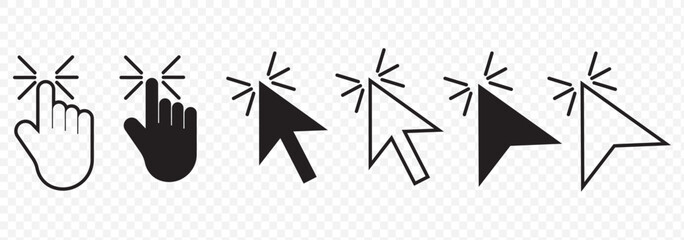 Aufkleber - Black Pointer cursor computer mouse icon set. Finger cursor, arrow click sign. Vector illustration. Hand Cursor icons. Click Cursor icons. Pointer cursor сomputer mouse icon on Transparent Background.