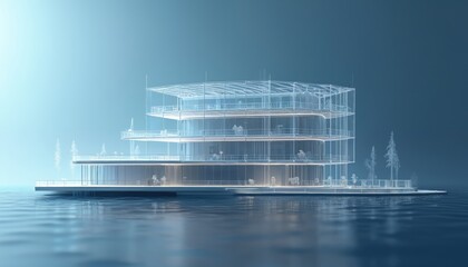 Poster - 3D wireframe illustration of modern building in blue gradient background. Transparent glass construction reflects in water. Futuristic architecture, sleek design concept for business, office, company