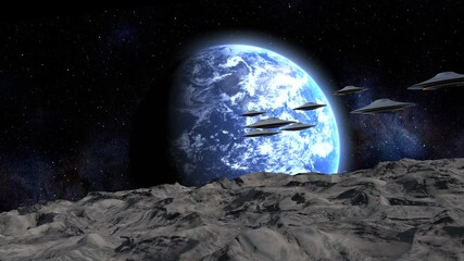 Wall Mural - flying saucers ufos heading earth from moon view, 3d rendering
