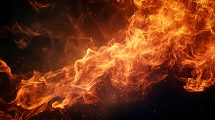 Poster - Fiery orange and yellow flames with sparks on black background.