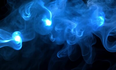Wall Mural - vivid blue smoke bursts emerging one after another with swirling motions on rich black background ev