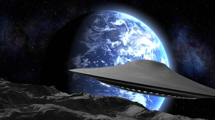 Wall Mural - alien space ship flying above moon surface with earth, 3d rendering