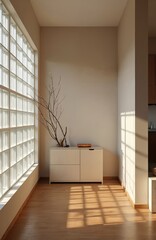 Poster - Minimalist interior apartment design with white cabinet, wood floor, glass blocks window. Empty loft living room with neutral colors, natural light and shadows. Calm atmosphere.
