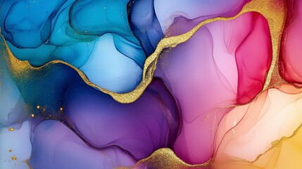 Aufkleber - Abstract colorful fluid art painting with gold accents.