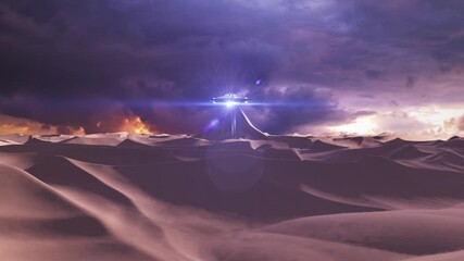 Wall Mural - alien spaceship ufo over desert dunes, 3d rendering